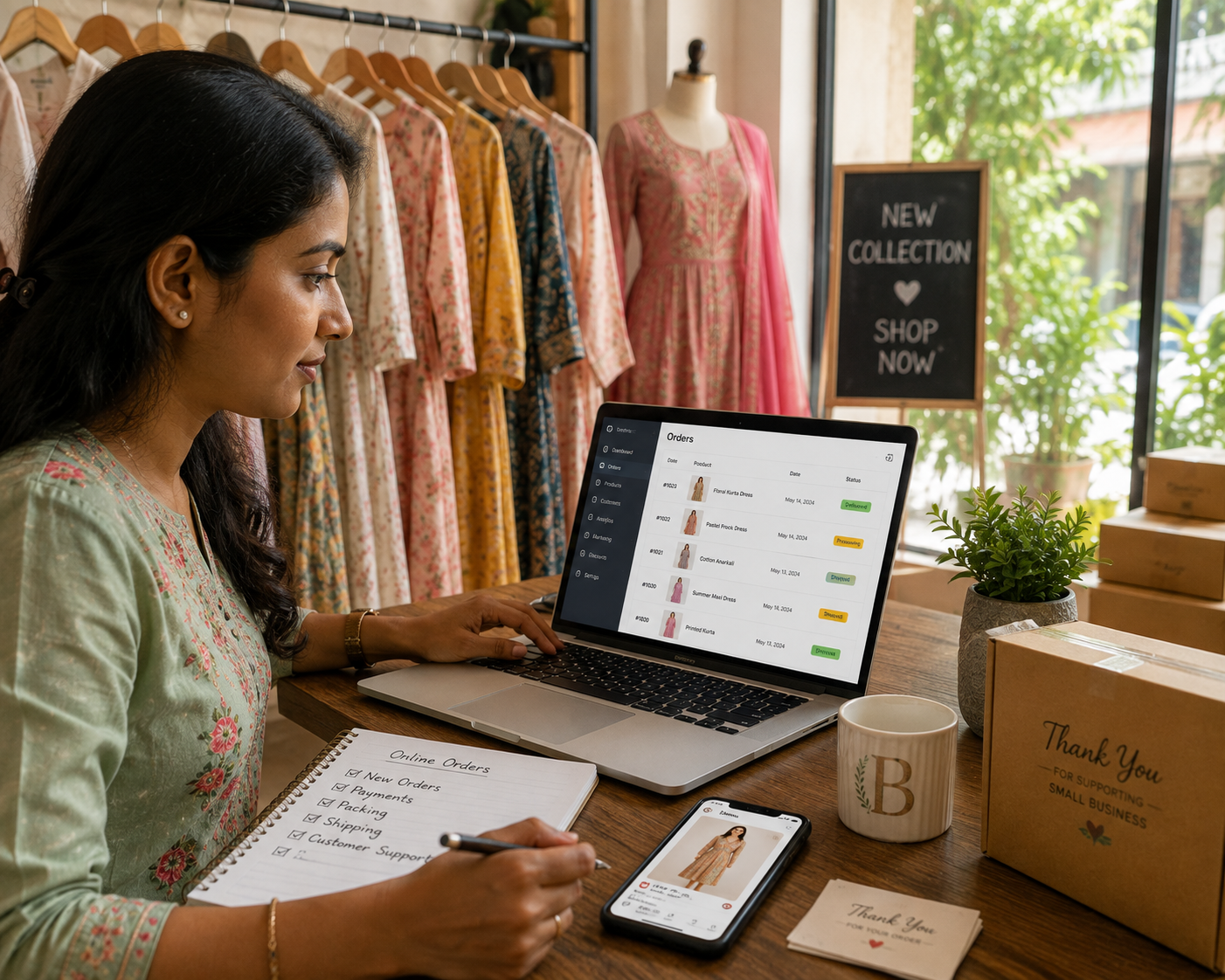 Boutique store owner managing online orders